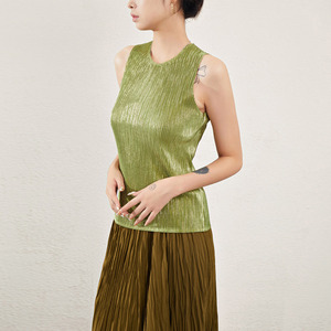 Miyake Pleated Metallic <strong>Shimmer</strong> Polyester Round Neck Sleeveless <strong>Top</strong> for Women - Casual Pleated Tank - Product Image 2