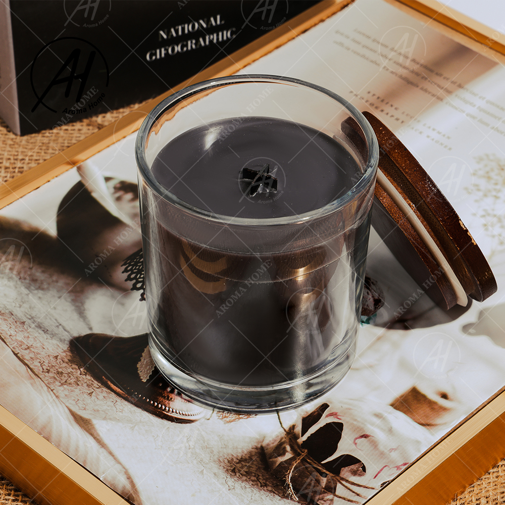 Transparent Glass Jar Brown Lid Cross Wooden Wick Soy Wax Scented Candle Black 6