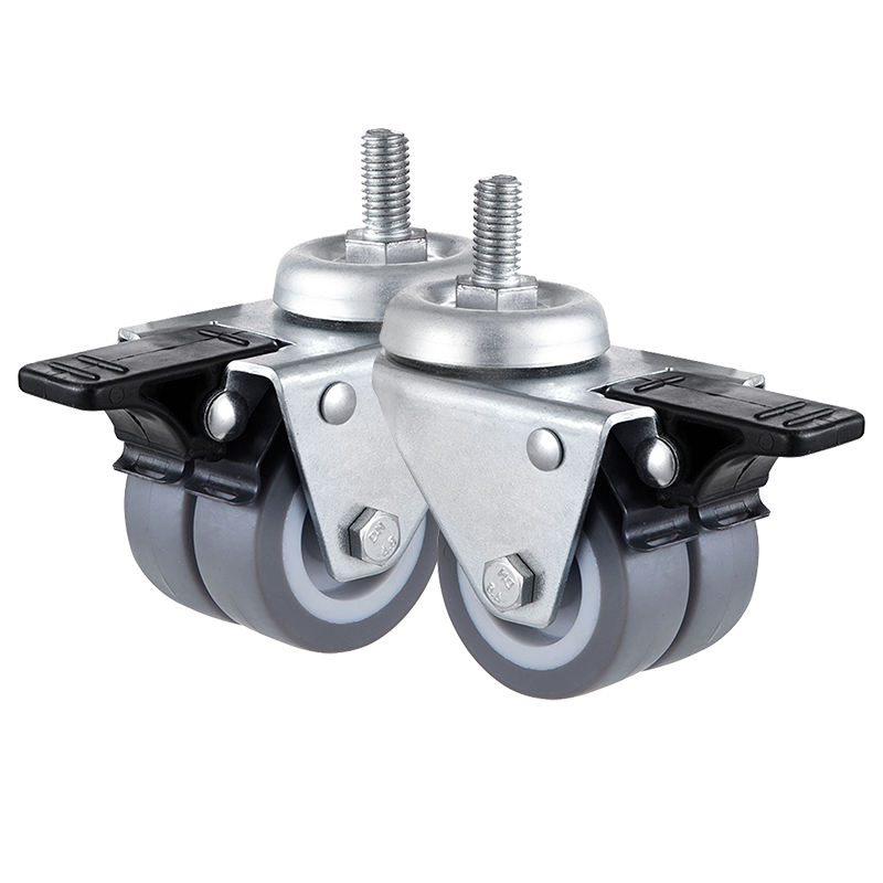 2 3 Inch Threaded Stem Twin Wheel Caster with Brake Dual Thermoplastic Rubber TPR Wheel for Industrial Trolleys
