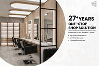 Mobilier de salon : Comptoir miroir de bar couleur personnalisée pour salon de coiffure et de beauté, en bois brun, avec design 3D, fabriqué par un fabricant spécialisé.