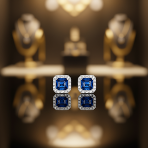 Boucles d'oreilles classiques carrées avec saphir au centre et halo de diamants, serties en bélière, gravées « Love », en alliage de zinc, bijoux de mode unisexe - Product Image 2