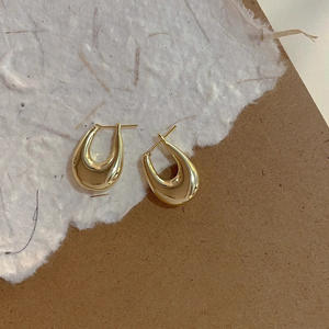 Boucles d'oreilles créoles minimalistes en métal, forme goutte d'eau, plaquées or et argent, ovales et creuses, pour femmes et jeunes filles - Product Image 2