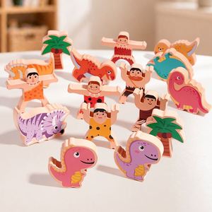 Wooden Stacking Toy Primitive Man Dinosaurs Design Balancing <b>Building</b> <b>Blocks</b> Game Toddler Puzzle Toys - Product Image 4