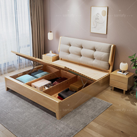 Lit plateforme moderne en bois massif de style farmhouse avec tête de lit réglable et design gain de place, disponible en tailles King et Queen