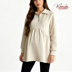 Felpa <span class=keywords><strong>Premaman</strong></span> da Donna a Maniche Lunghe con Zip a Quarto, Orlo a Peplum e Vita Impero in Spandex/Cotone Felpato - Product Image 1