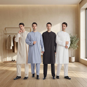 Islamic <b>Men</b> <b>Thobe</b> Set Round Neck Long Sleeve and Pants Solid Muslim Robe Suit Breathable Polyester - Product Image 3