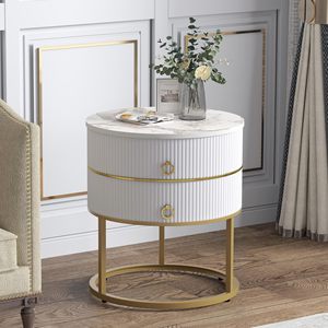 Table de chevet ronde à 2 tiroirs SENYU, style moderne, à cannelures, bleu clair - Product Image 1