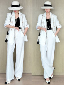 Traje de Tweed informal para novio blanco de un solo pecho con decoración de botones patrón sólido tejido - Product Image 3