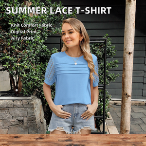 Camiseta Casual Holgada de Cuello Redondo para Mujer, para Vacaciones de Verano, Color Sólido, Encaje, Impresión Digital, Tejido de Punto, Nailon Bordado - Product Image 3