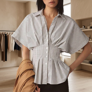 Women's <b>Striped</b> Button Down Shirt Short Sleeve Cap Sleeve Loose Fit Turn-down Collar Casual Blouse Spring Summer Poplin <b>Top</b> - Product Image 4