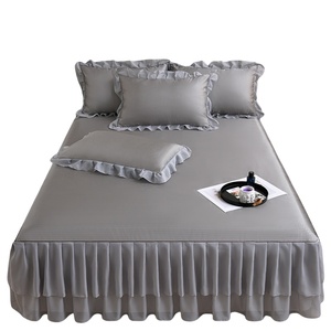 Ensemble de 3 pièces de tapis rafraîchissant en soie glacée d'été, style jupe de lit, couleur unie, avec dentelle, lavable en machine, 120x200cm 180x200cm - Product Image 2