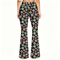 Vintage Trippy Sun Blossom Schwarze Schlaghose mit Hohem Bund, Geometrischem Botanischem Muster, Elastischem Bund und Vier-Wege-Stretch für Lässigen Stil