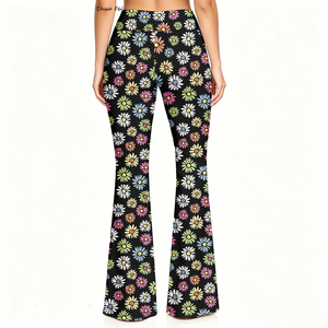 Leggings Vintage Neri a Zampa d'Elefante con Stampa Floreale Geometrica, Vita Alta, Elastici in Quattro Direzioni, Casual - Product Image 3