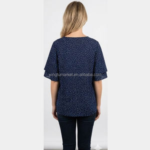 <span class=keywords><strong>Blusa</strong></span> de Moda para Mujer, Estilo Veraniego, <span class=keywords><strong>con</strong></span> Cuello en V, Manga Corta <span class=keywords><strong>con</strong></span> Estampado de Lunares <span class=keywords><strong>Azul</strong></span> <span class=keywords><strong>Marino</strong></span> y Volantes en Capas - Product Image 3