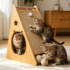 Planche à gratter multifonction en bois personnalisée OEM pour chat avec rampe en sisal, balles roulantes et jouet suspendu pour animaux de compagnie – Vente en gros - Product Image 1