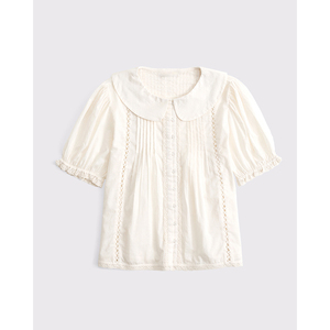 Blusa de algodón LEDUO personalizada, estilo vintage dulce, con cuello Peter Pan, ribete de encaje y mangas abullonadas para mujer. - Product Image 1