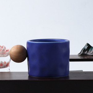 Taza de Cerámica con Asa de Madera, Color Azul Beige Sólido, para Uso en Casa u Oficina, Taza Individual - Product Image 2