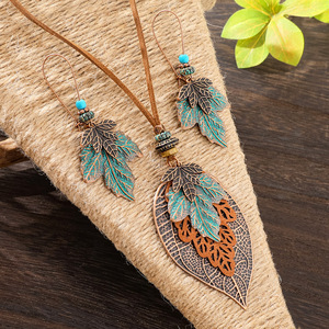Vintage Boho Leaf Pendant Necklace Set <b>Copper</b> Alloy Turquoise Sweater <b>Chain</b> Women's Fashion Jewelry Autumn Winter Daily Wear - Product Image 1