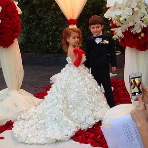 Children Red Carpet Formal Dresses Princess Rose Applique Ball Gown Host Stage Dress Flower Girls' Wedding Dresses With Tail