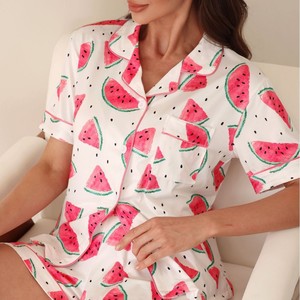European American Cross Border New Summer <b>Cardigan</b> Pajamas Fashion Fruit Print Casual Short Sleeve Shorts Homewear Set Women - Product Image 1