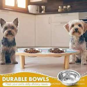 Wooden Surfboard Pet Feeding Stand Elevated Dual Bowl <b>Cat</b> Dog <b>Feeder</b> Oval Shape - Product Image 4