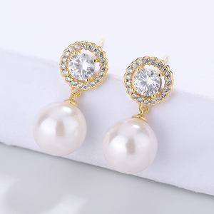 S925 <b>Silver</b> Gold Plated Round CZ Halo Freshwater Pearl Drop Earrings Elegant Jewelry Gift for Women Brides - Product Image 2