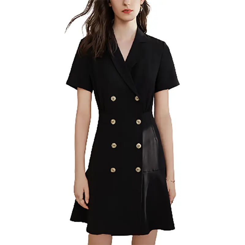 Factory OEM Custom Short Sleeve Office Lady"s Dresses Formal Stand V Neck High Waist A Line Button Up Women Mini Suit Dress