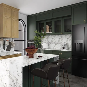 Armoires de cuisine en chêne massif vert sur mesure, style antique, avec comptoir en marbre et portes métalliques, écologiques et résistantes à l'eau - Product Image 1