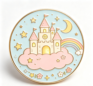 Broche Ronde en Émail Cloisonné Motif Château Mignon, Lune, Arc-en-ciel, Étoile, Nuage, Accessoire Cadeau Artisanat Métallique - Product Image 3