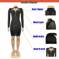 Langärmeliges dünnes Minikleid Damen Netz durchsichtig Strass Bleistift-Kleid sexy V-Ausschnitt Lady funkelnde Party-Kleider