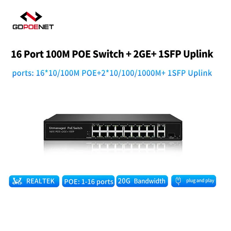 Cámara IP de 10/100mbps, conmutador PoE no gestionado, 4, 8, 16, 24 puertos, conmutador de red Poe con Uplink