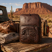 Tas Ransel Kulit Sapi Asli Vintage Western Chief dengan Saku Depan Berukir Warna Cokelat Tua untuk Perjalanan Musim Panas dengan Ritsleting Antik