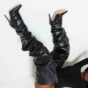 Sexy High Heel PU Upper Women Over Knee High <b>Boot</b> Thigh High Loose Big Size Solid Black <b>Boots</b> for Ladies Fashion - Product Image 2