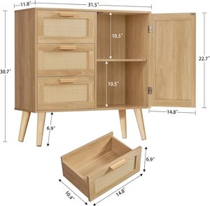 Gabinete de almacenamiento decorativo para muebles de sala de estar de estilo moderno con puerta de ratán y estante ajustable de 3 cajones para dormitorio y comedor - Product Image 3