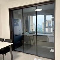 Portes coulissantes empilables en aluminium noir pour placard, portes coulissantes intérieures sans cadre en verre, portes coulissantes à cadre en bois avec miroir