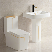 Conjunto de Baño Moderno en Negro y Dorado, Inodoro de Una Pieza con Pedestal y Lavabo, para Instalación en el Suelo