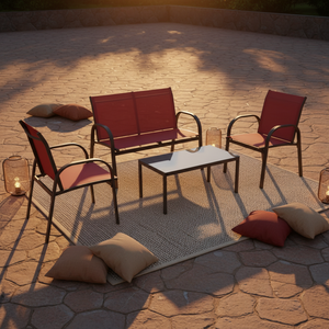 Set da Conversazione Moderno Multifunzionale per Esterni, 4 Pezzi in Metallo con Tavolino in Vetro e Sedie Confortevoli - Product Image 1