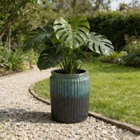 Pot de fleurs en céramique émaillée à rayures verticales dégradées turquoise-bleu, style américain, écologique, durable, avec trou de drainage, haut, pour la maison