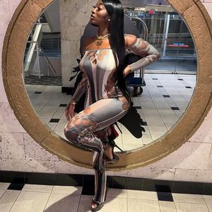 유럽과 미국 가을 여름 새로운 패션 섹시한 뜨거운 소녀 오프 숄더 중공 시스루 하이 웨이스트 타이트 점프 슈트 - Product Image 2