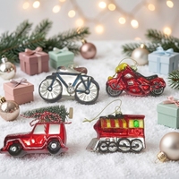 Ornamen Figurine Bentuk Kendaraan Merah Perak Sepeda Motor Kereta Api Kaca untuk Dekorasi Gantungan Pohon Natal