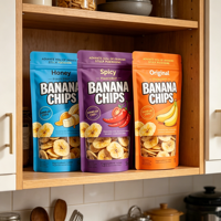Sachet Doypack Personnalisé Imprimé Flexo pour Chips de Banane, Emballage Recyclable Refermable avec Fermeture Éclair pour Chips de Fruits
