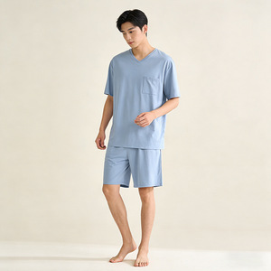 PJ-1456 Conjunto de Pijama de Algodón para Hombre, Manga Corta y Pantalones Cortos, Azul Océano/Azul Claro, Corte Holgado, Ropa de Dormir de Verano para Hombres Jóvenes - Product Image 4