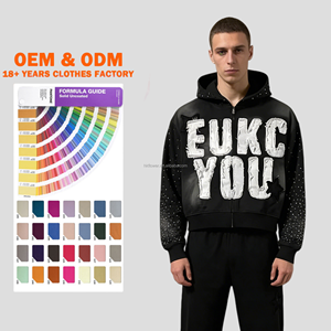 Veste zippée à capuche pour homme en polaire, avec broderie appliquée personnalisée, strass, effet vieilli, délavée à l'acide, style streetwear, avec poches - Product Image 1