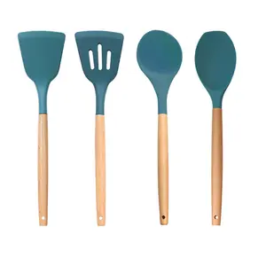 The Best Selling Wholesale Kitchen Cooking Tools Kitchenware Wooden Handle Silicone Kitchenware Set