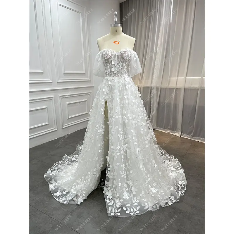 Wholesale Off Shoulder Corset 3D Lace Appliques Wedding Dresses Elegant Sweetheart Bridal Sexy High Slit Ivory Gown Romantic