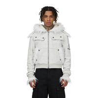 Blouson moto court à capuche pour homme, coupe-vent, chauffant, style hip-hop, avec imprimé hérautique, empiècements effilochés, en polyester/coton et col en fourrure, pour l'hiver
