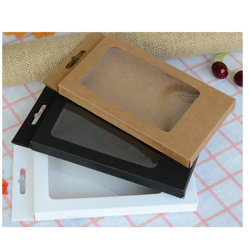 Оптовая продажа, белая, коричневая складная крафт-бумага, прозрачная подарочная коробка из ПВХ с окошком, чехол для мобильного телефона, упаковка без пластикового лотка