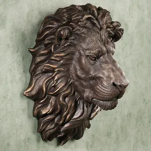 Bronze Lion Head Wall Sculpture Brass Metal Home Statue Decor