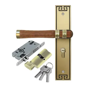 Design Teak Yellow Square Solid Wood And Brass Door Handle Door Pull Handle Lock Luxury Entry Door Handle