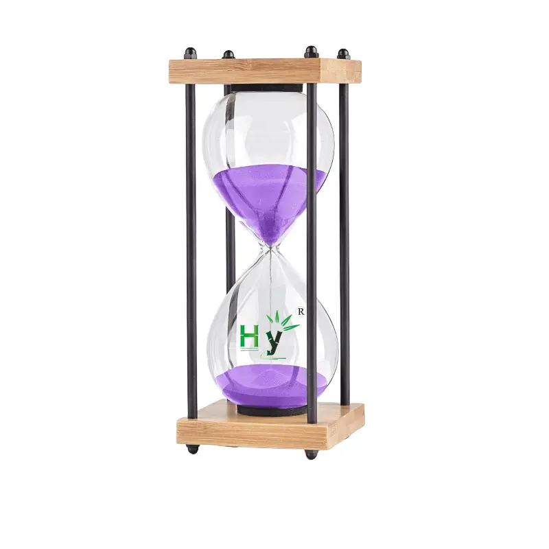 HONGHAO sand clock with wooden base on top and bottom and metal pillars suitable for desktop decorations glass sand timer